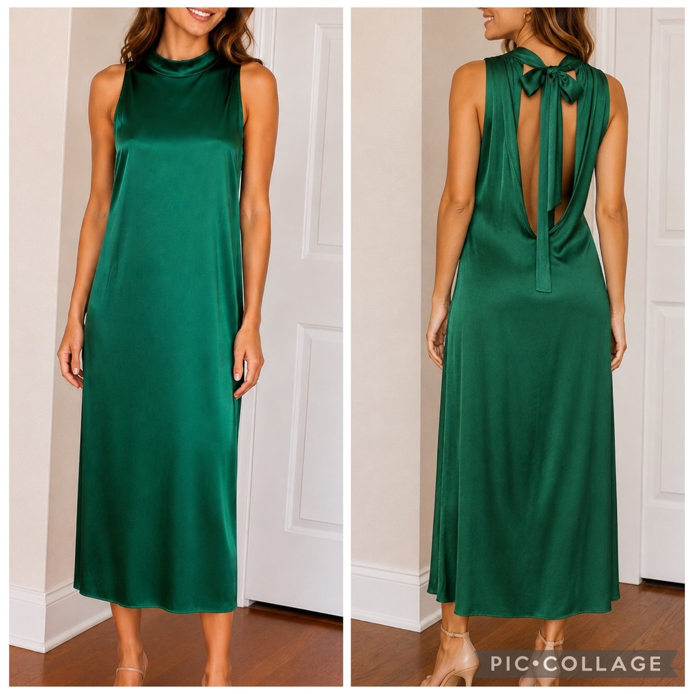 NEW Pinko Emerald Green Satin Sleeveless Maxi Dress Made in Italy Large
